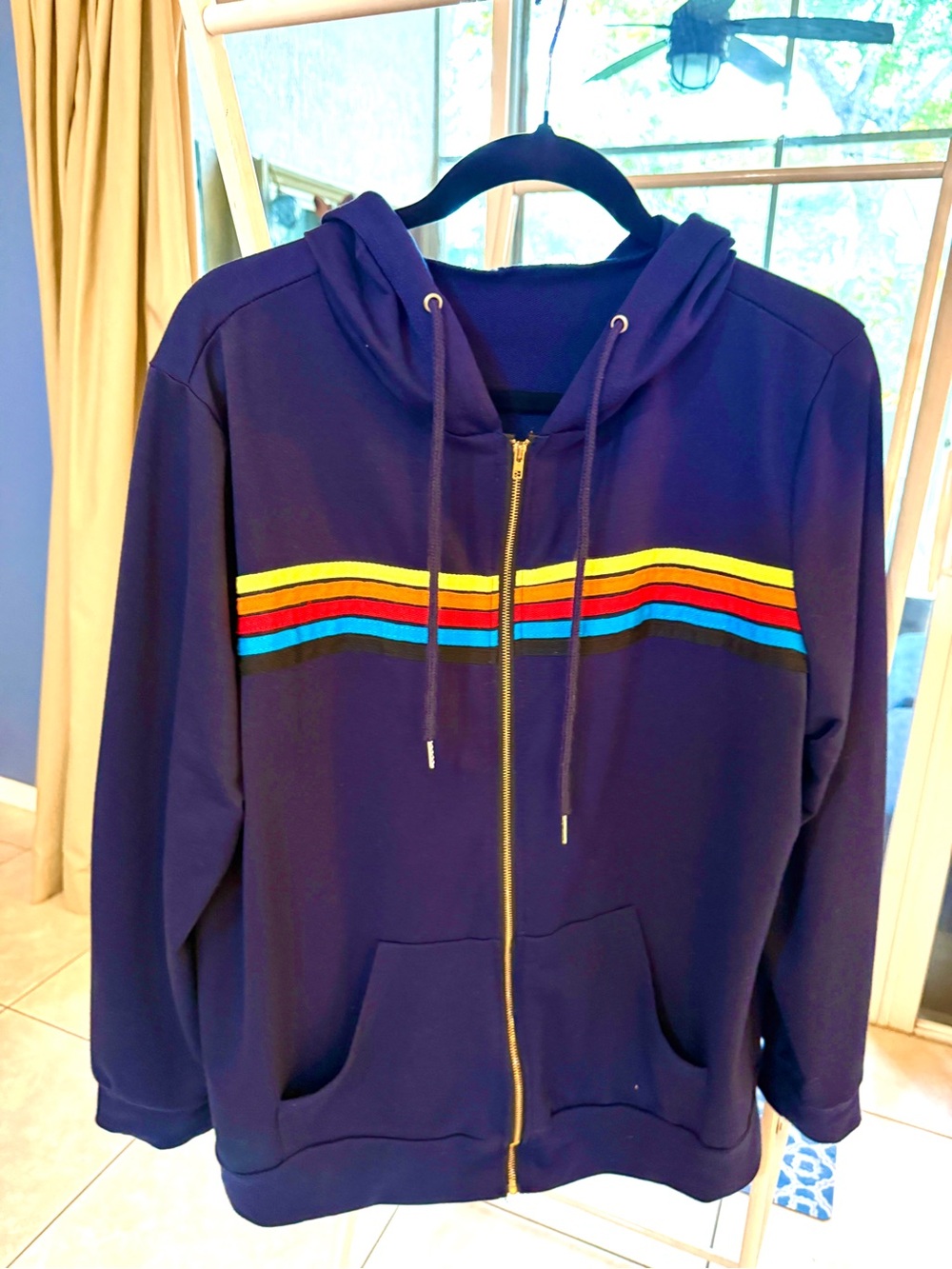 Navy Zip-Up Hoodie with Rainbow Chest Stripes